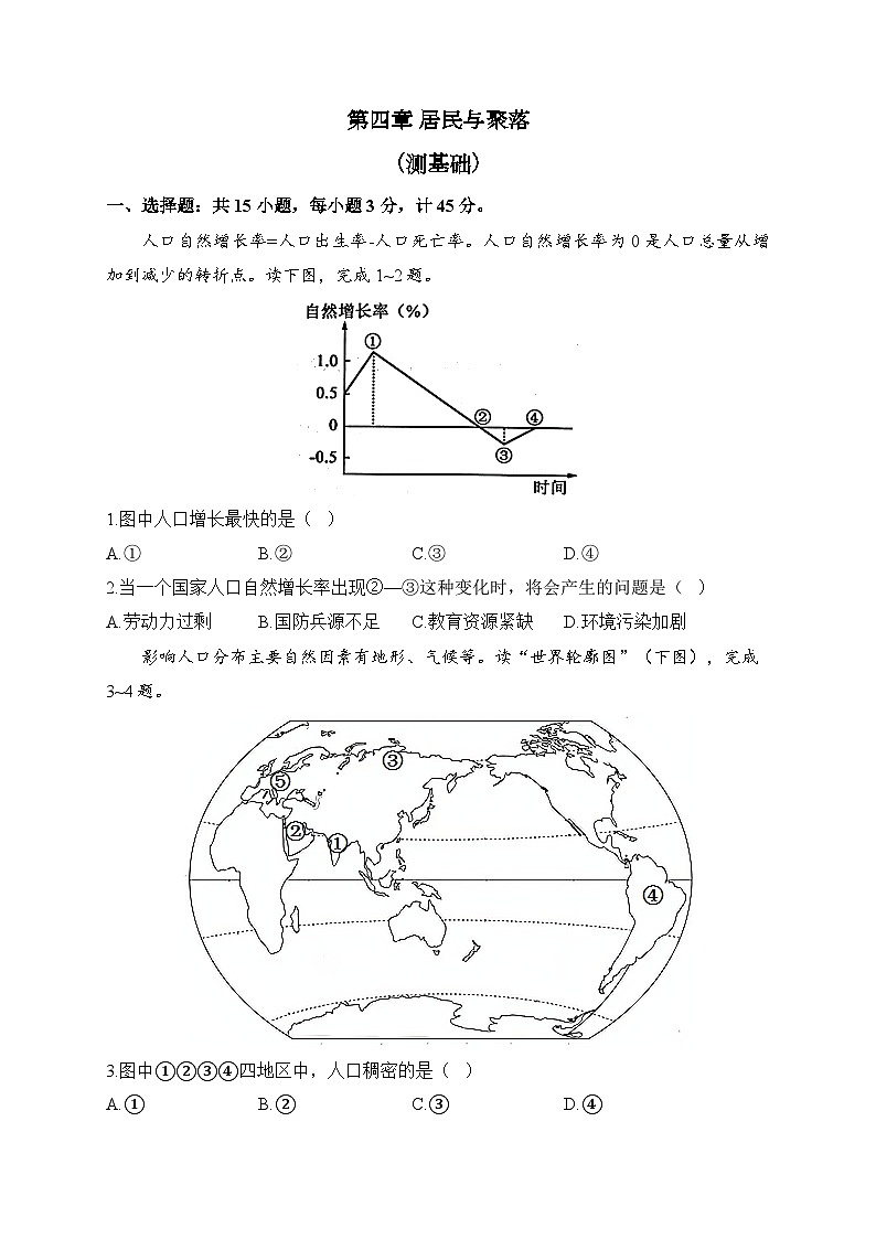 人教版地理七年级上册单元检测卷 第四章 居民与聚落（测基础）01