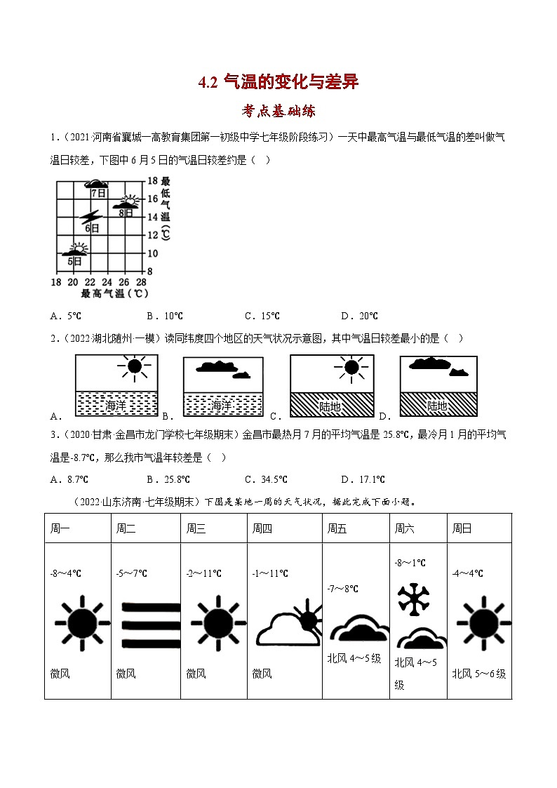 4.2 气温的变化与差异（分层练习）-2023-2024学年七年级地理上册同步精品备课（课件+分层练习）（商务星球版）01