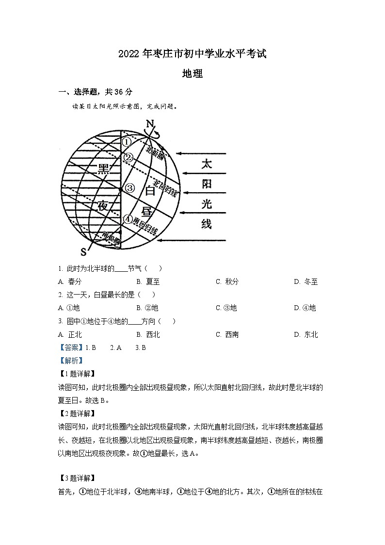 2022年山东省枣庄市中考地理真题（解析版）01