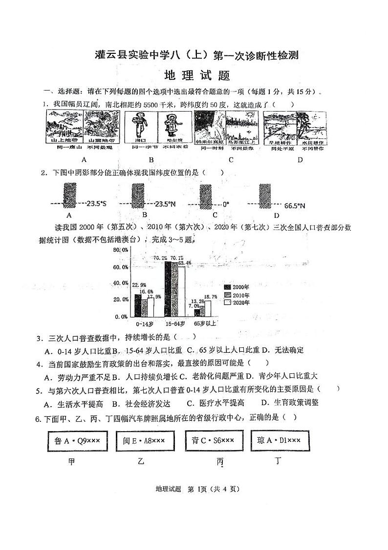 江苏省连云港市灌云县实验中学2023-2024学年八年级上学期10月月考地理试题01