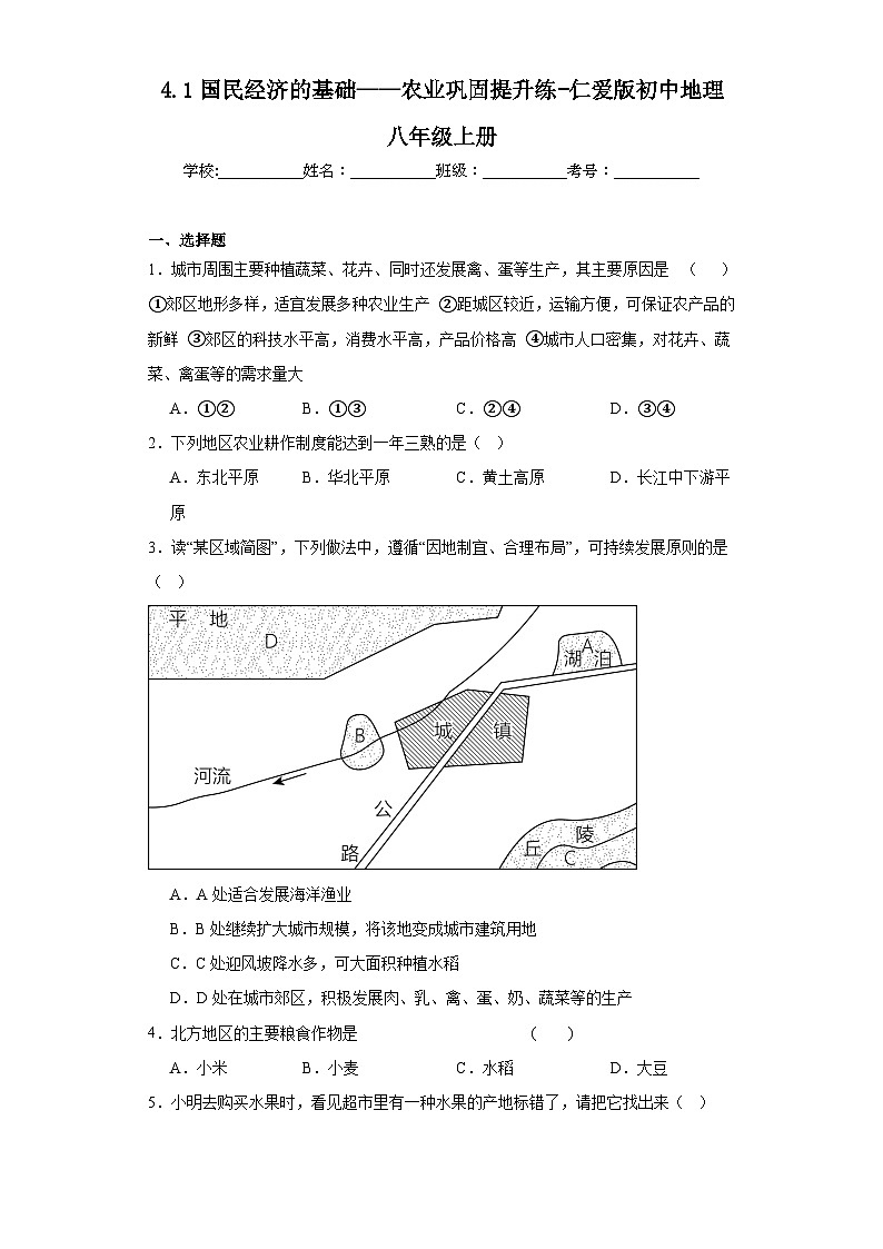 4.1国民经济的基础——农业巩固提升练-仁爱版初中地理八年级上册第1页
