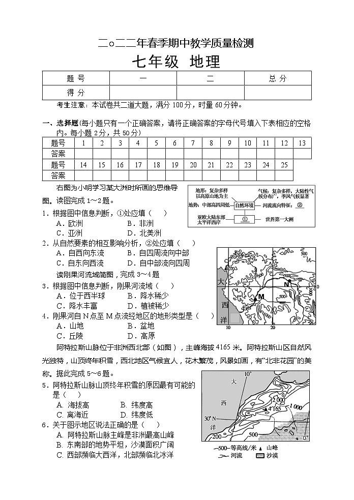 湖南省张家界市慈利县2021-2022学年七年级下学期期中考试地理试题第1页