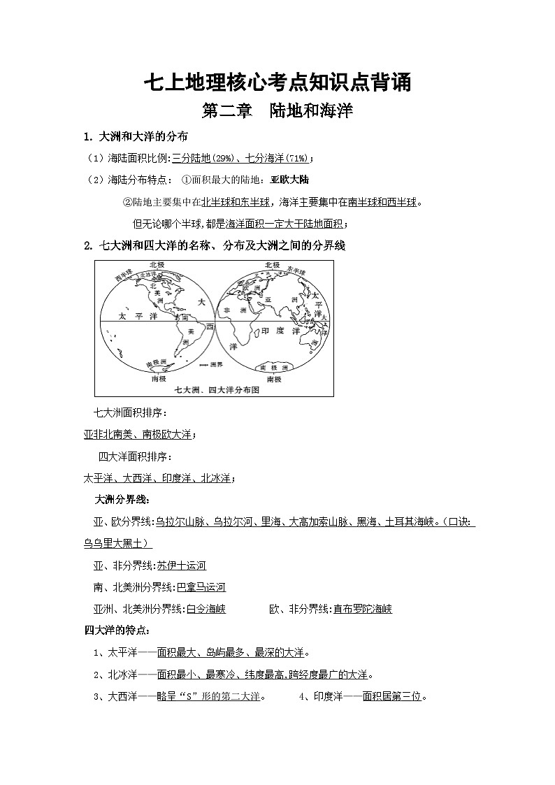 第二章 陆地和海洋知识点背诵 人教版七年级上册地理第1页