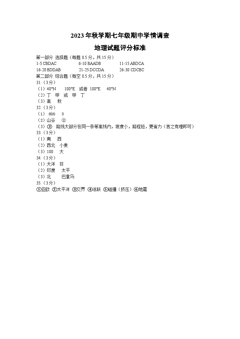 江苏省泰州市泰兴市2023-2024学年七年级上学期期中调研地理试卷01