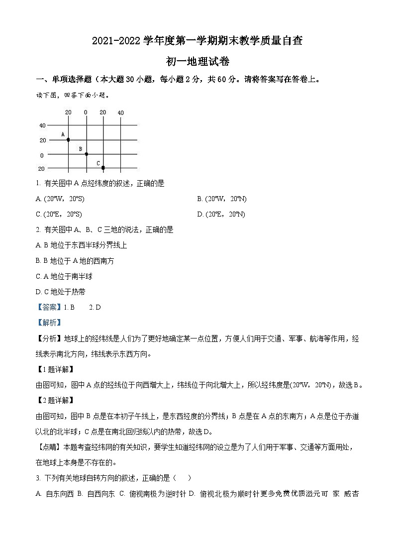 广东省东莞市黄江育英初级中学七年级上学期期末自查地理试题（解析版）01
