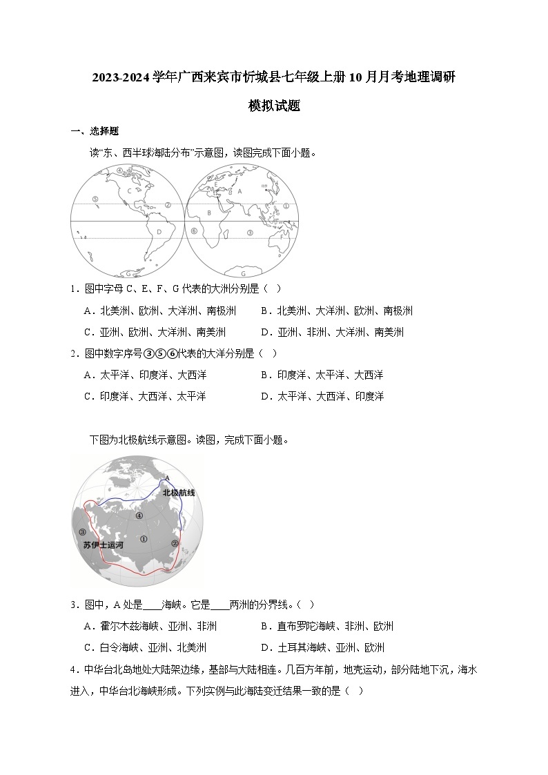 2023-2024学年广西来宾市忻城县七年级上册10月月考地理调研模拟试题（含答案）01