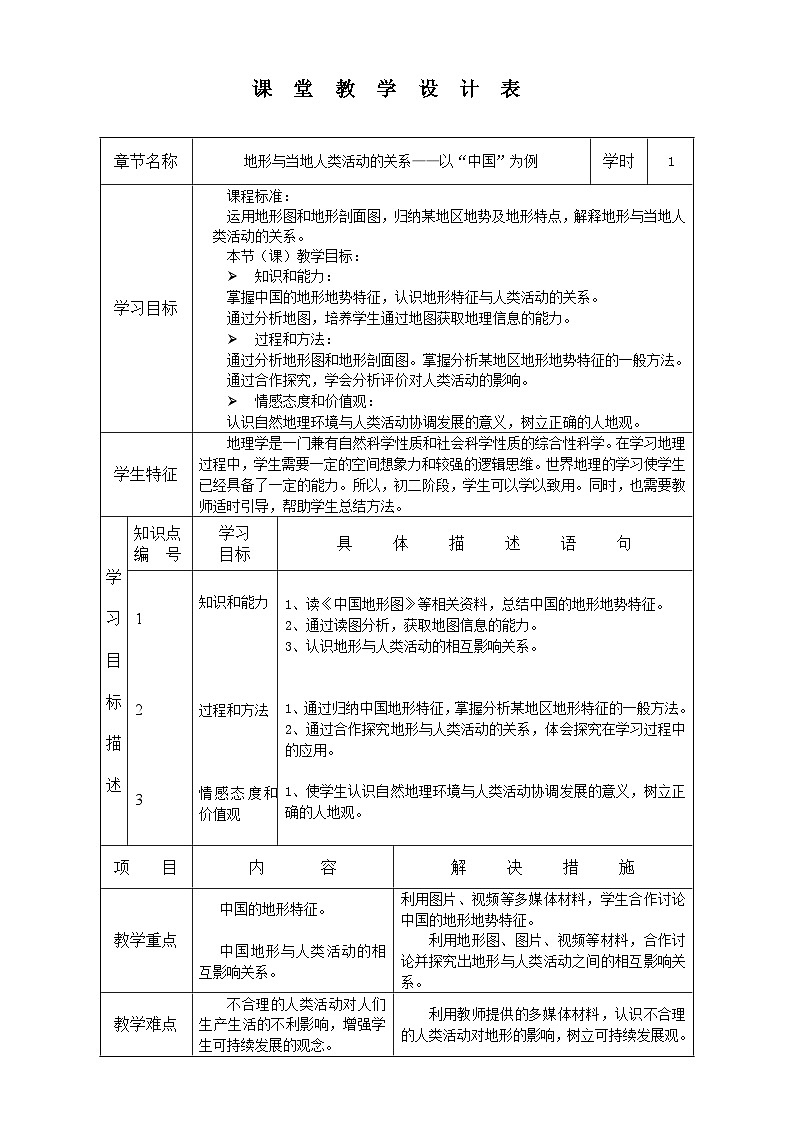 湘教版地理八年级上册第二章 第一节 中国的地形 教案01