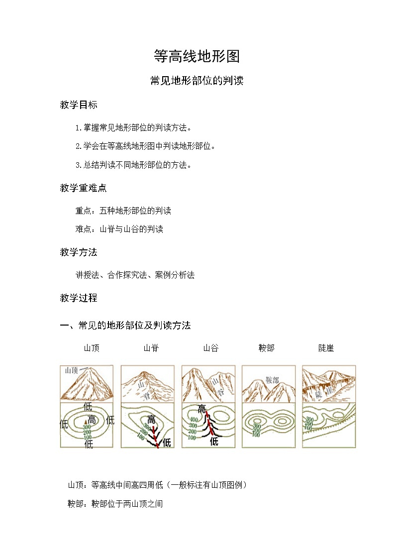 湘教版地理七年级上册 第二章 第三节   等高线地形图中的地形部位判读（教案）第1页