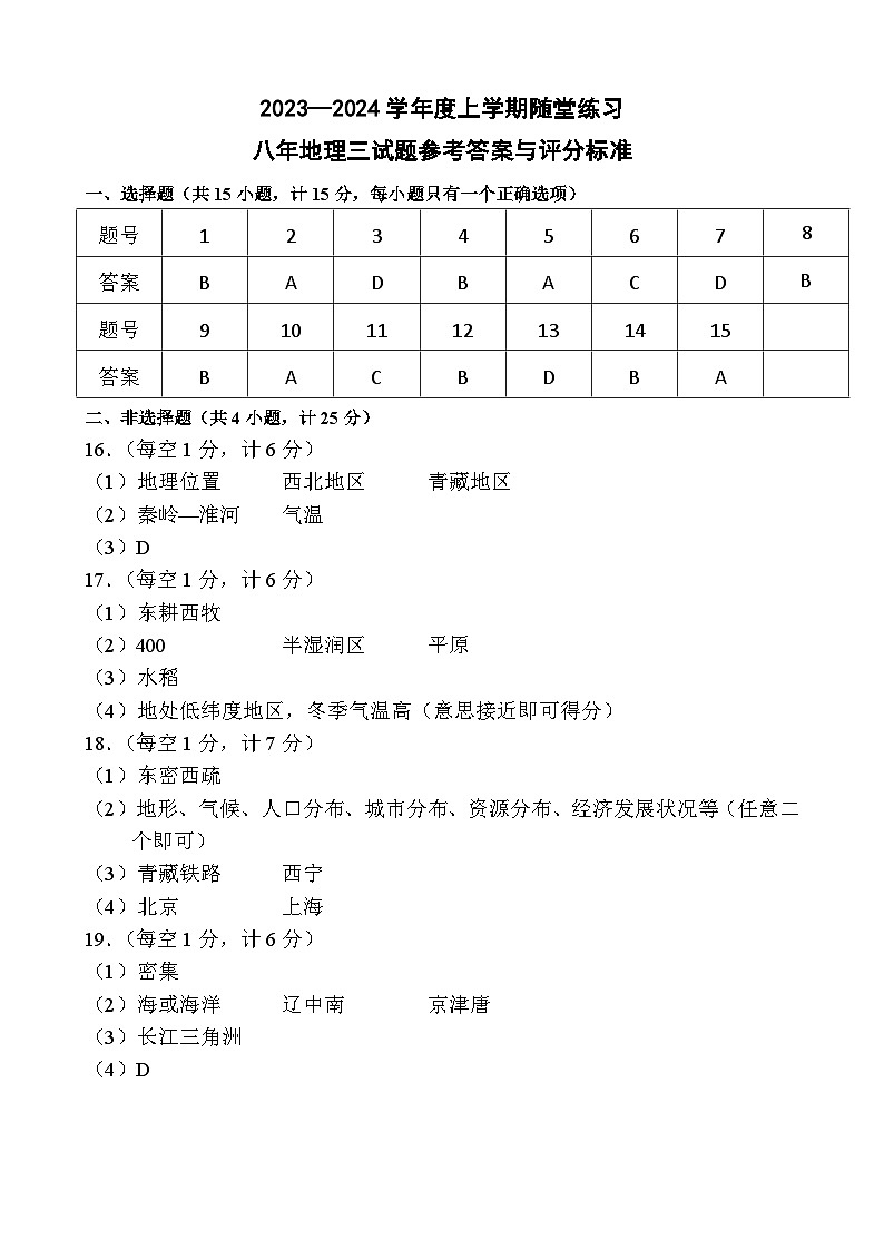 辽宁省铁岭市开原市2023-2024学年八年级上学期12月月考地理试题01