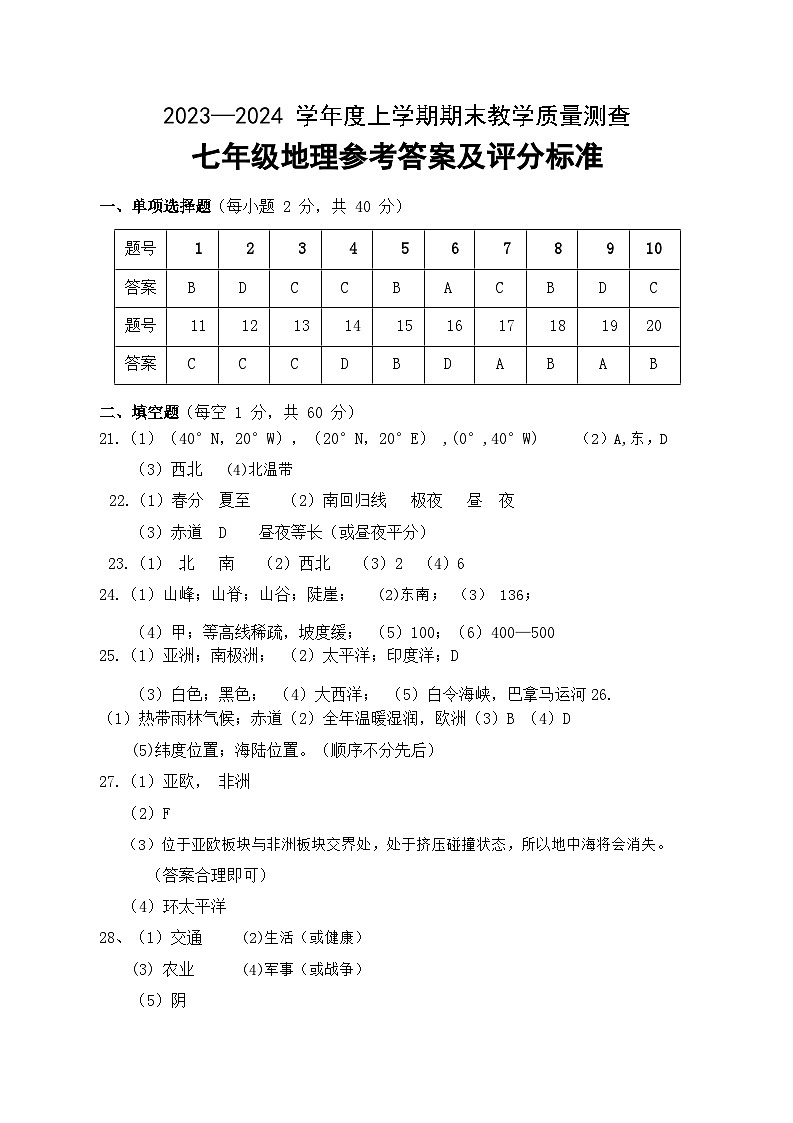 2023-2024学年度上学期七年级地理试题答案第1页
