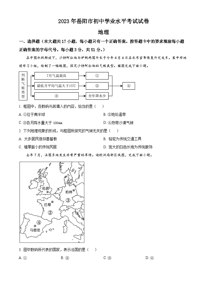 精品解析：2023年湖南省岳阳市中考地理真题（原卷版）第1页