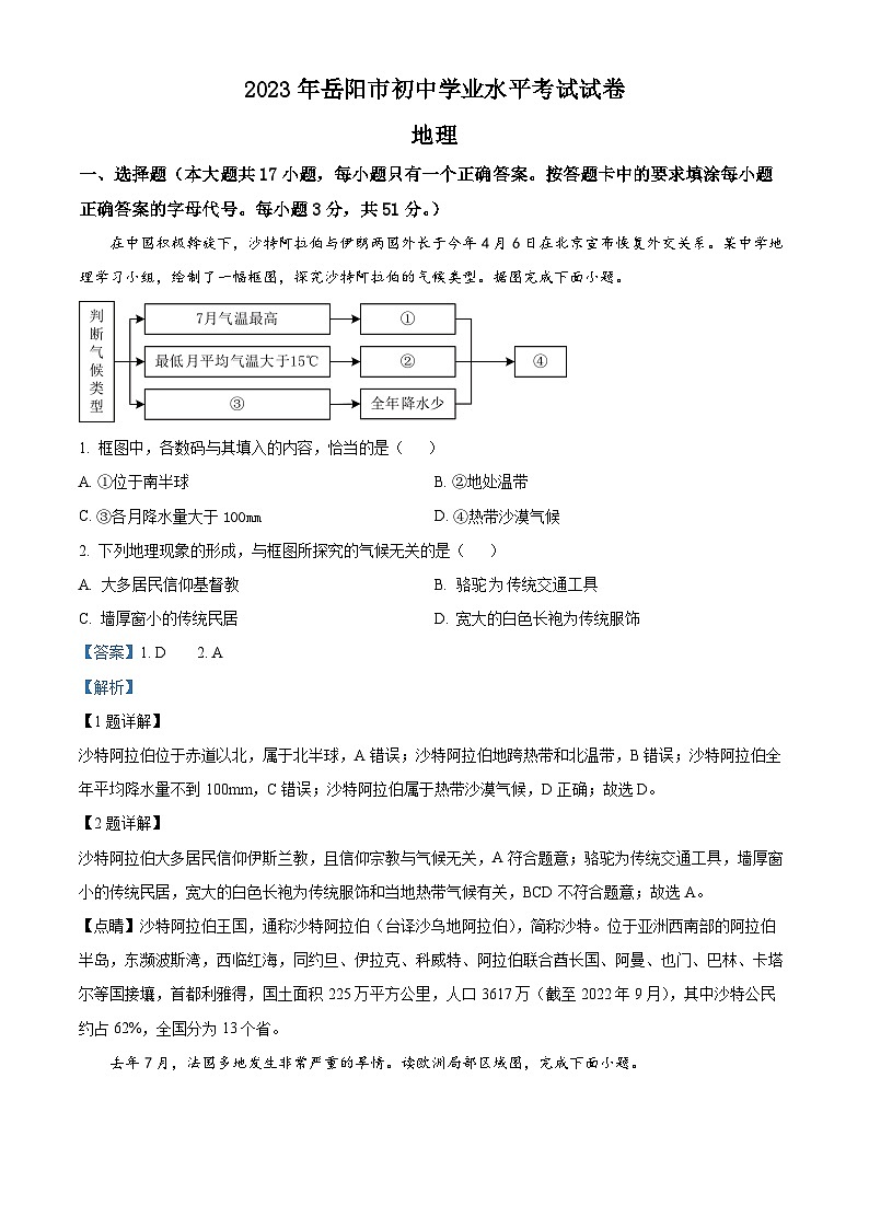 精品解析：2023年湖南省岳阳市中考地理真题（解析版）第1页