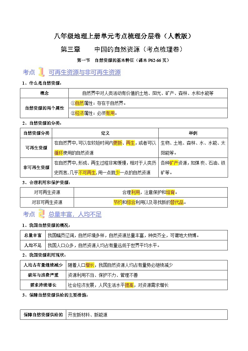 【全套精品学案】人教版八年级初二上册第三章  中国的自然资源（考点梳理卷）-【难度分层·单元卷】（知识梳理+含答案）01