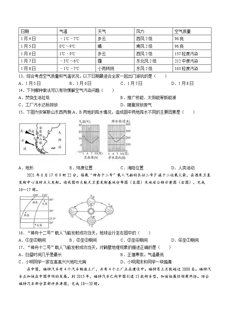 河南省鹤壁市部分学校联考2021-2022学年七年级上学期期末教学质量调研测试地理试题第3页
