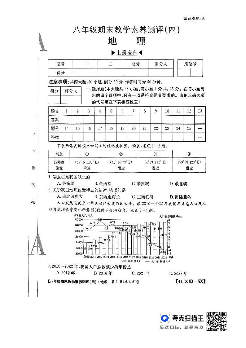陕西省榆林市子洲县周家硷中学2023-2024学年八年级上学期期末地理试题01