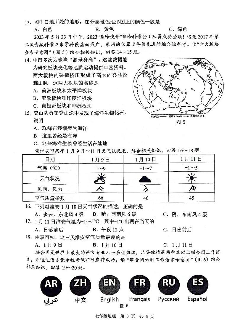 江苏省淮安市2023-2024学年七年级上学期期末地理试题03