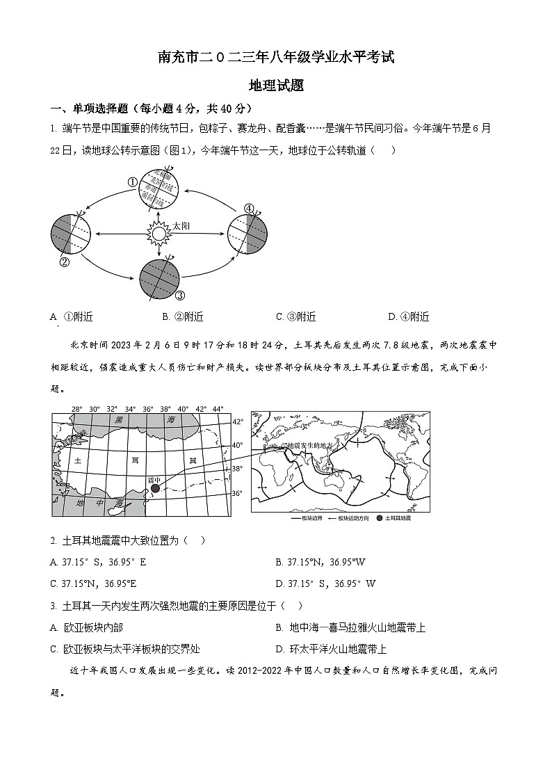 2023年四川省南充市中考地理真题01
