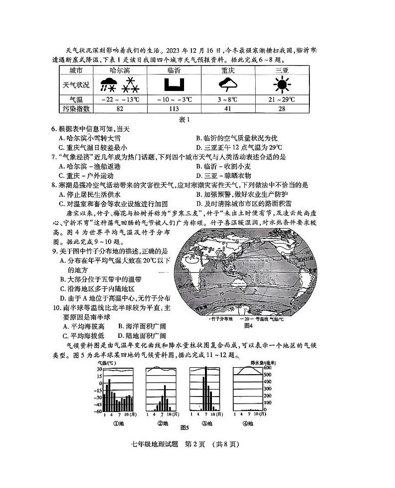 山东省临沂市河东区2023-2024学年七年级上学期期末地理试题第2页