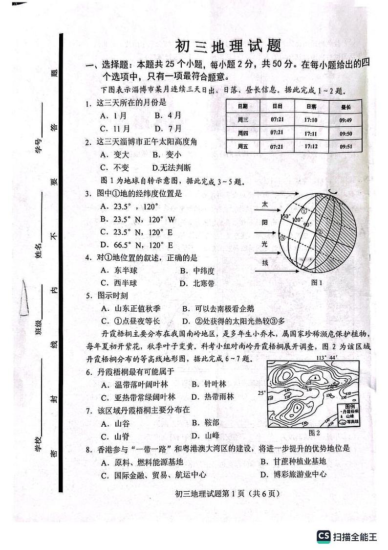 山东省淄博市博山区（五四制）2023-2024学年八年级上学期期末考试地理试题01