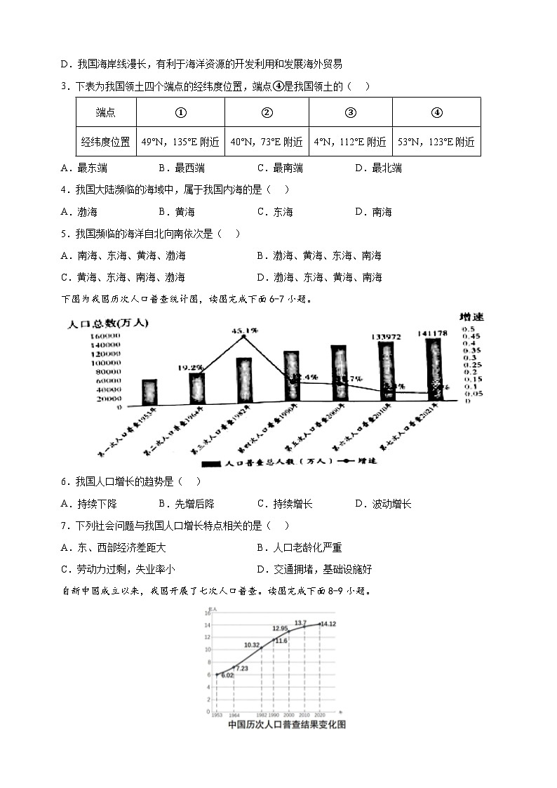2023-2024学年人教版八年级上册地理期中真题试卷（含答案解析）02