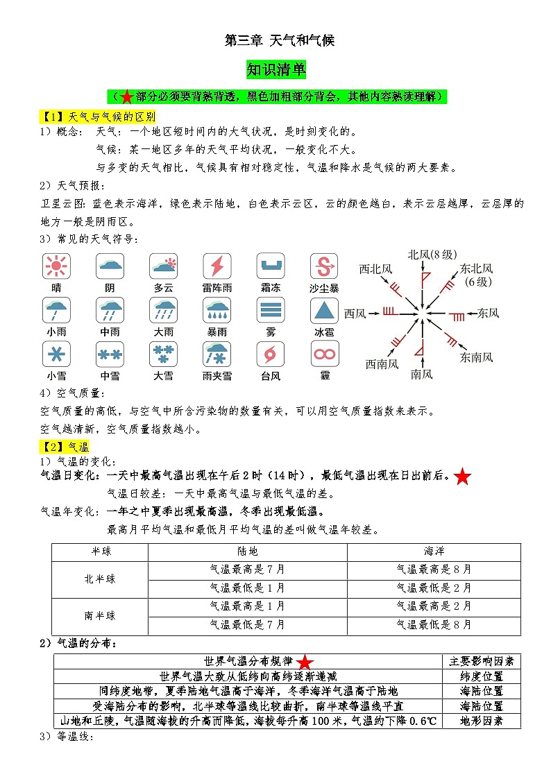 2024人教版地理七年级上册期末复习知识清单0301