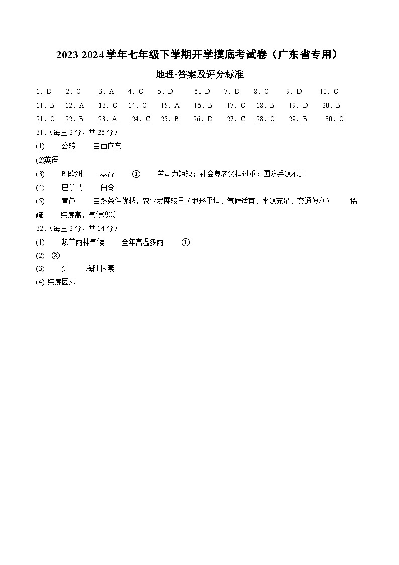 【开学摸底考】七年级地理（广东省专用，七上全册）-2023-2024学年初中下学期开学摸底考试卷.zip01
