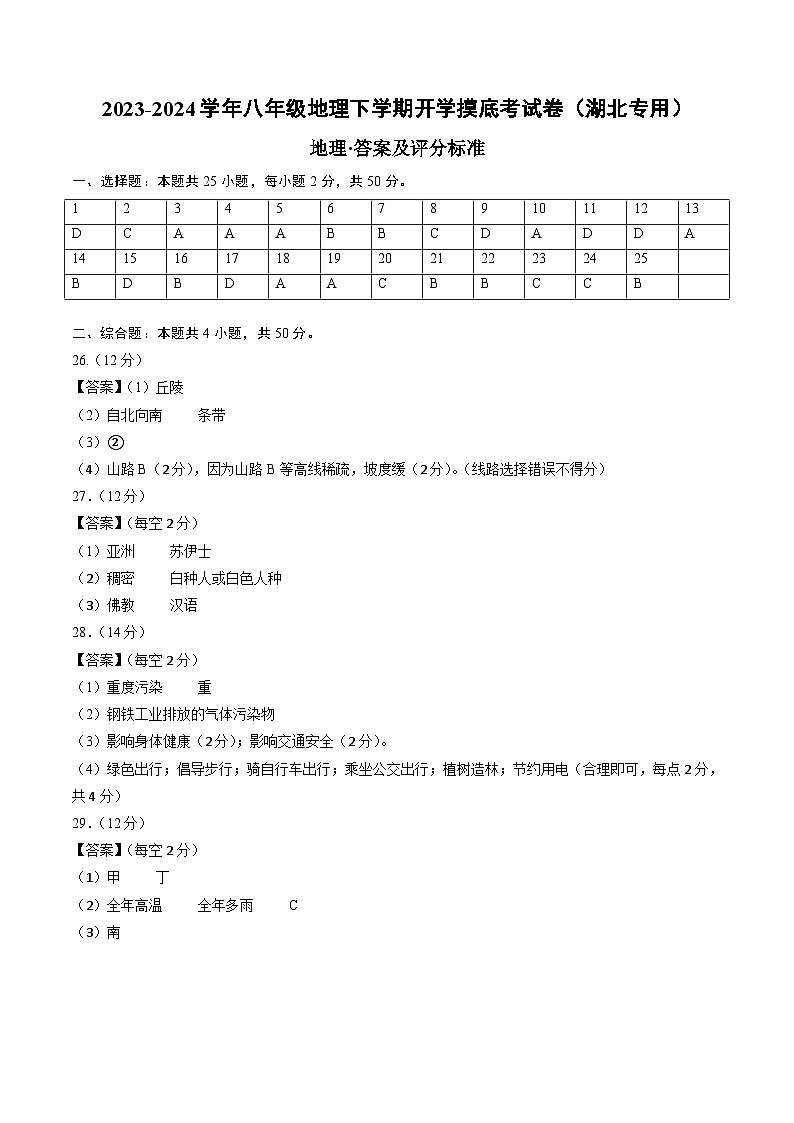 【开学摸底考】七年级地理（湖北专用 七上全册）-2023-2024学年七年级地理下学期开学摸底考试卷.zip01
