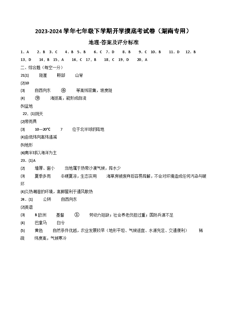 【开学摸底考】七年级地理（湖南专用，七上全册）-2023-2024学年初中下学期开学摸底考试卷.zip01