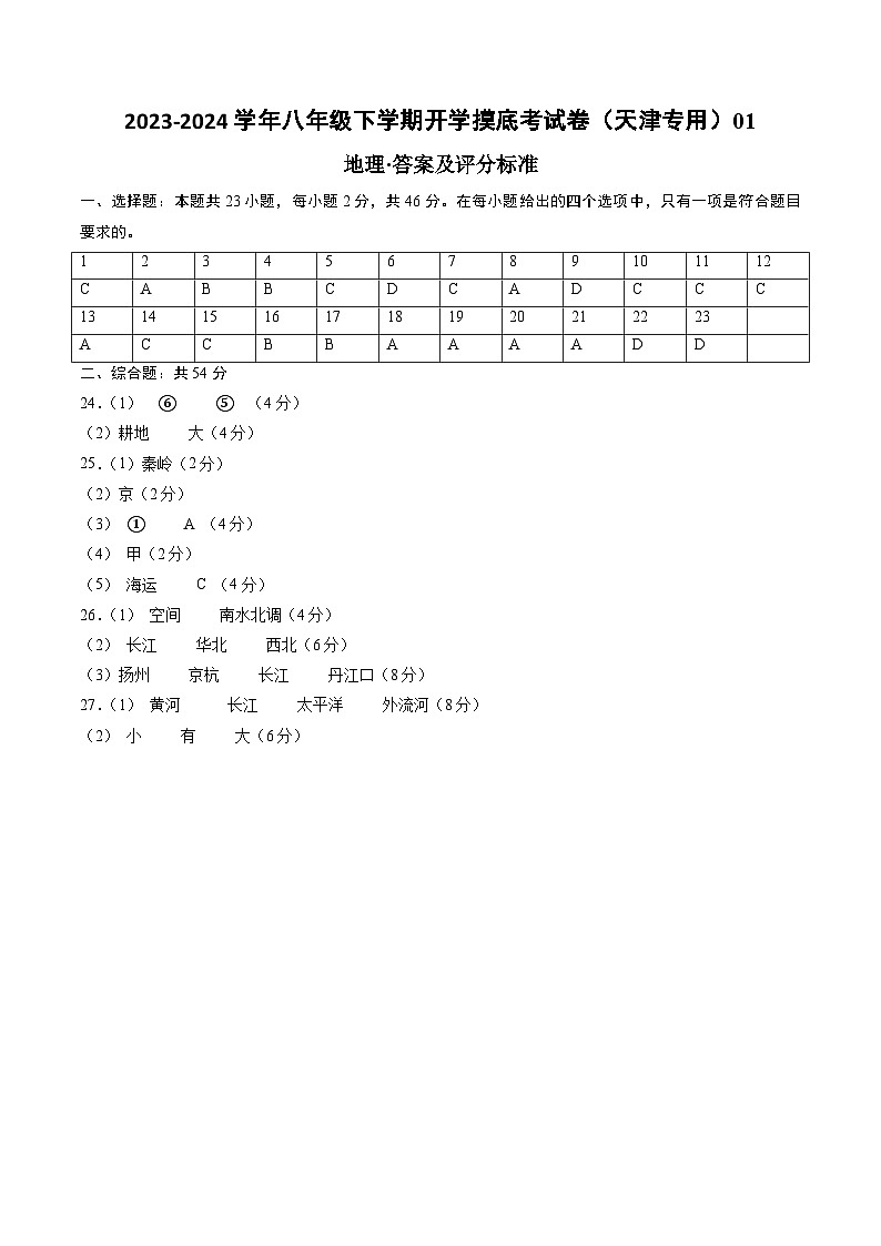 【开学摸底考】八年级地理（天津专用，八年级上册全册）-2023-2024学年初中下学期开学摸底考试卷.zip01