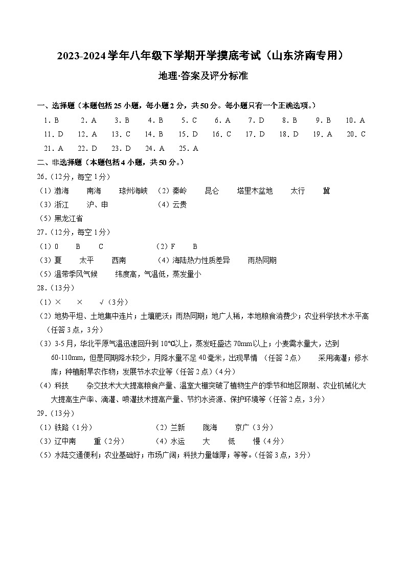 【开学摸底考】八年级地理（山东济南专用 八上全册）-2023-2024学年八年级地理下学期开学摸底考试卷.zip01