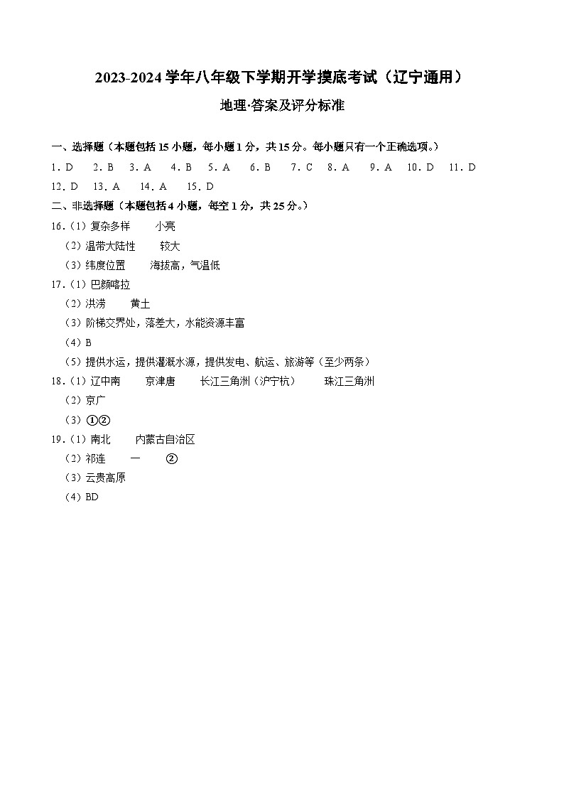 【开学摸底考】八年级地理（辽宁专用 八上全册）-2023-2024学年八年级地理下学期开学摸底考试卷.zip01