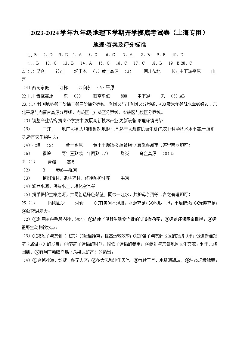 九年级地理开学摸底考（上海专用 地理全部内容）-2023-2024学年九年级地理下学期开学摸底考试卷.zip01
