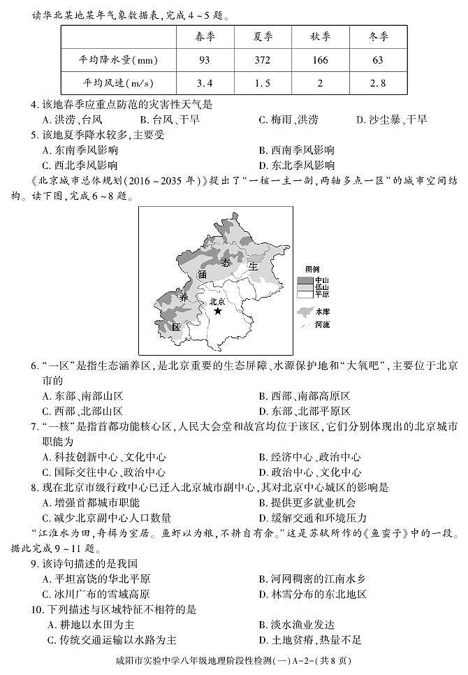 陕西省咸阳市实验中学2022-2023学年八年级下学期阶段检测（月考）（一）地理试题02