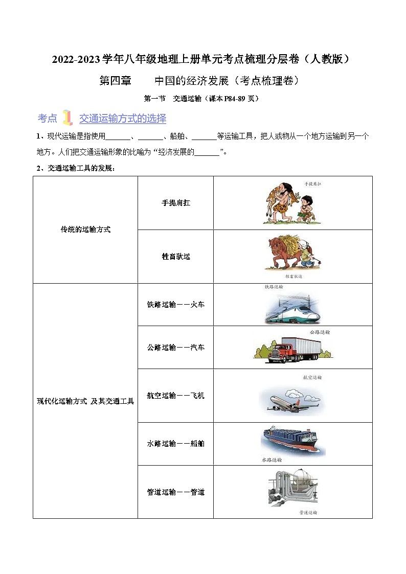 第四章  中国的经济发展（考点梳理卷）  【难度分层·单元卷】2022-2023学年八年级地理上册单元考点梳理分层卷（人教版）（原卷版）第1页