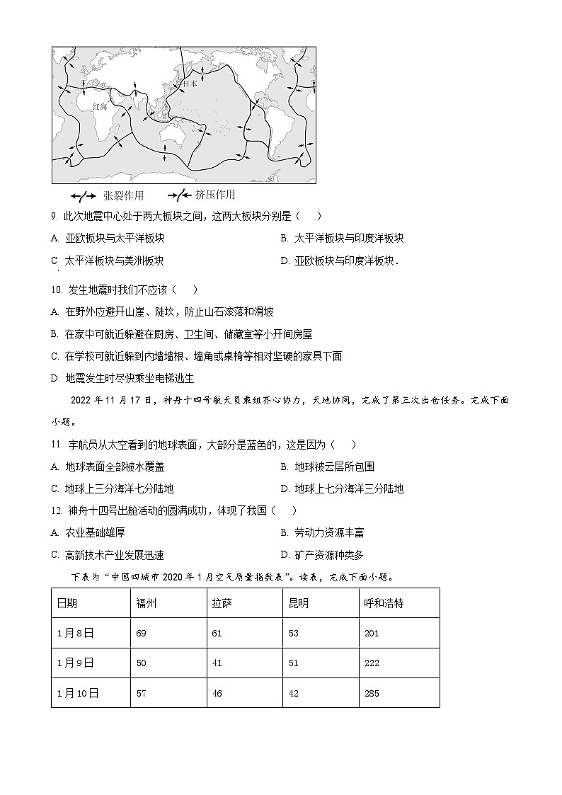 精品解析：天津市红桥区2023-2024学年七年级上学期期末地理试题（原卷版）第3页