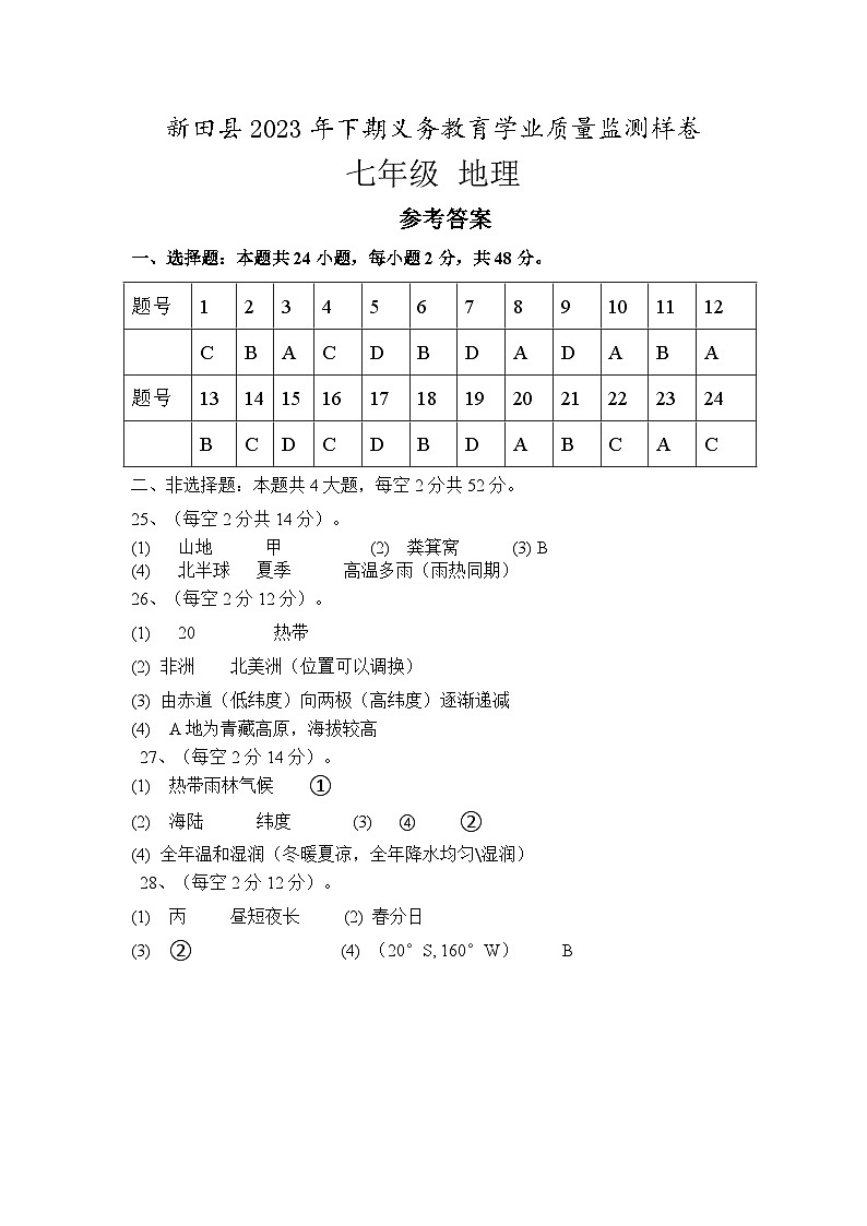 +湖南省永州市新田县2023-2024学年七年级上学期期末考试地理试题01