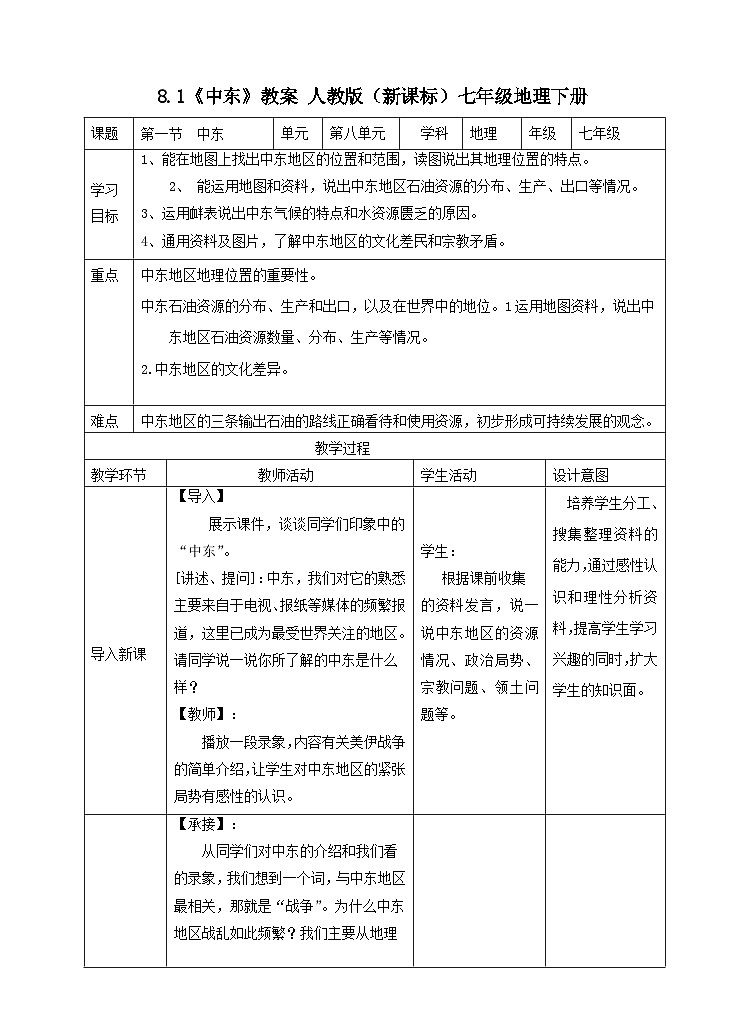 人教版（新课标）七年级地理下册8.1《中东》教案01