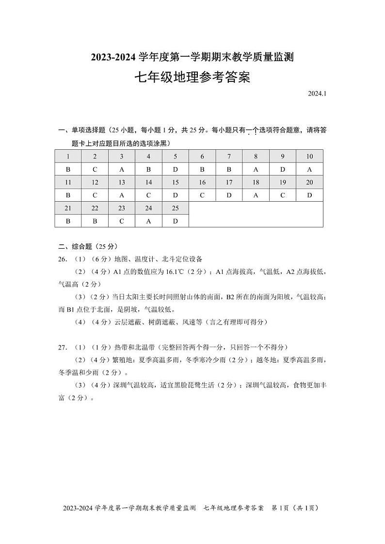 广东省深圳市南山区2023-2024学年七年级上学期期末地理试题01