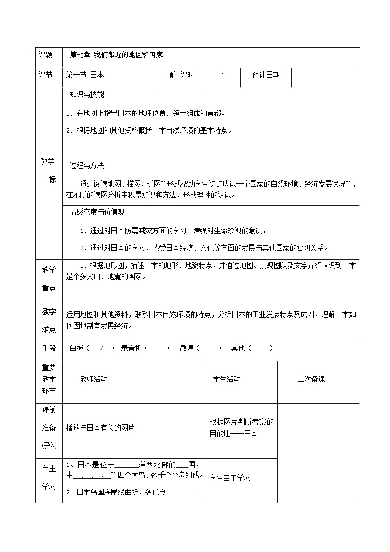 鲁教版（五四制）地理六年级下册 第七章第一节　日本教案第1页