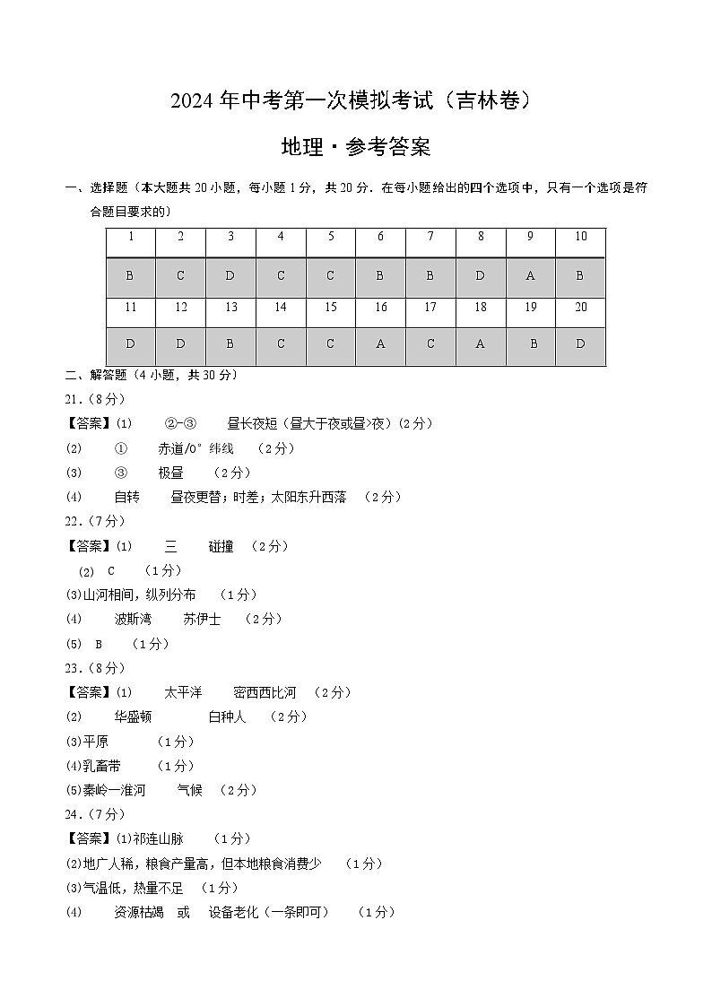 2024年初三中考第一次模拟考试试题：地理（吉林）（参考答案及评分标准）01