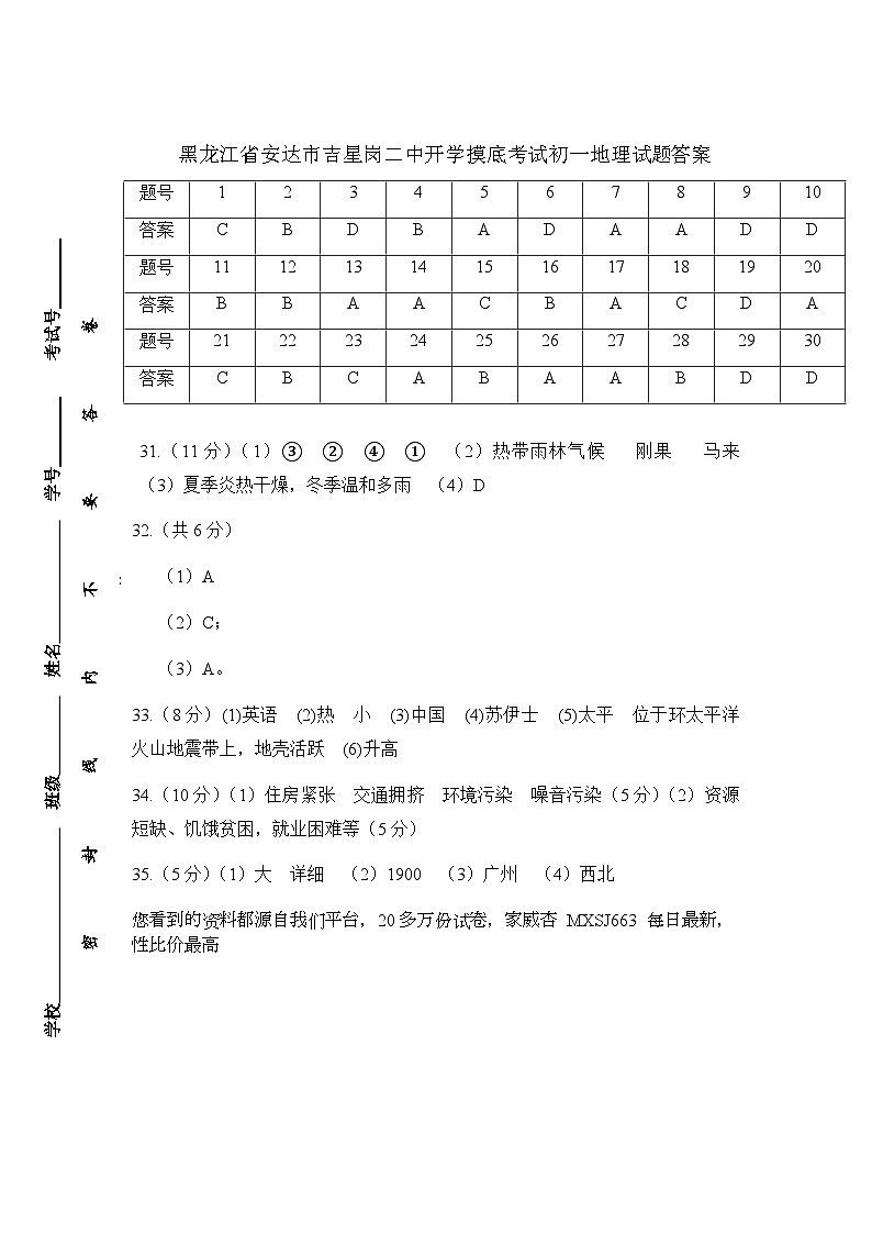 151，黑龙江省绥化市安达市吉星岗二中2023-2024学年七年级下学期开学考试地理试题01