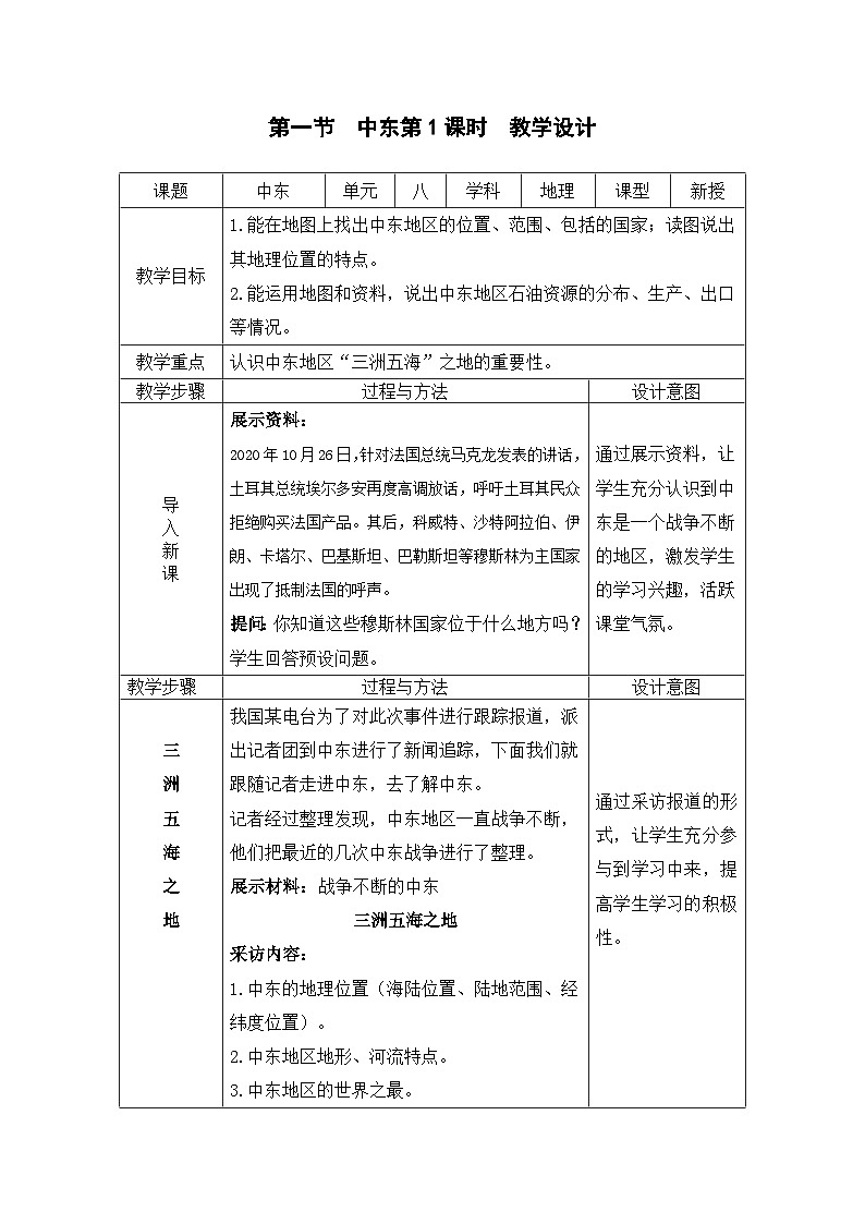 人教版地理七年级下册 8.1中东第1课时教案01