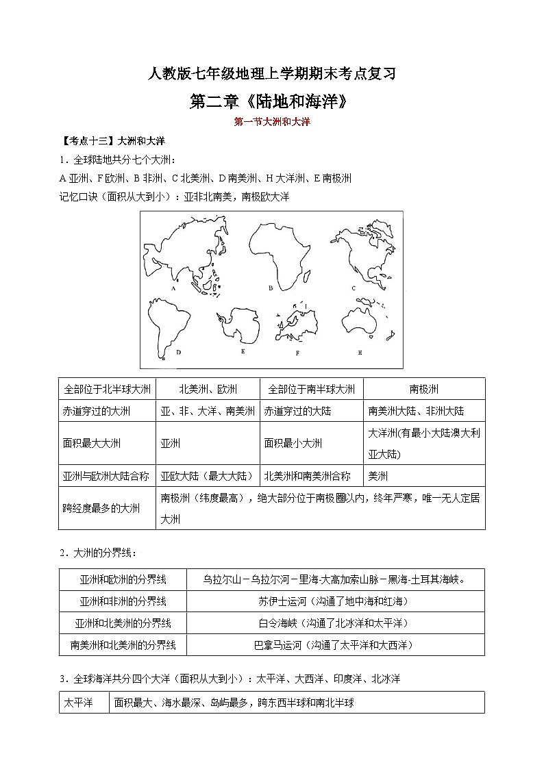 第二章《陆地和海洋》-人教版七年级地理上学期期末考点复习教案第1页