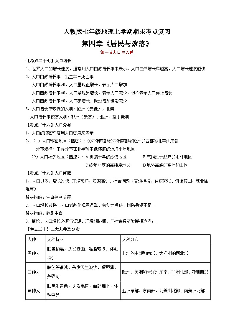 第四章《居民与聚落》-人教版七年级地理上学期期末考点复习教案第1页