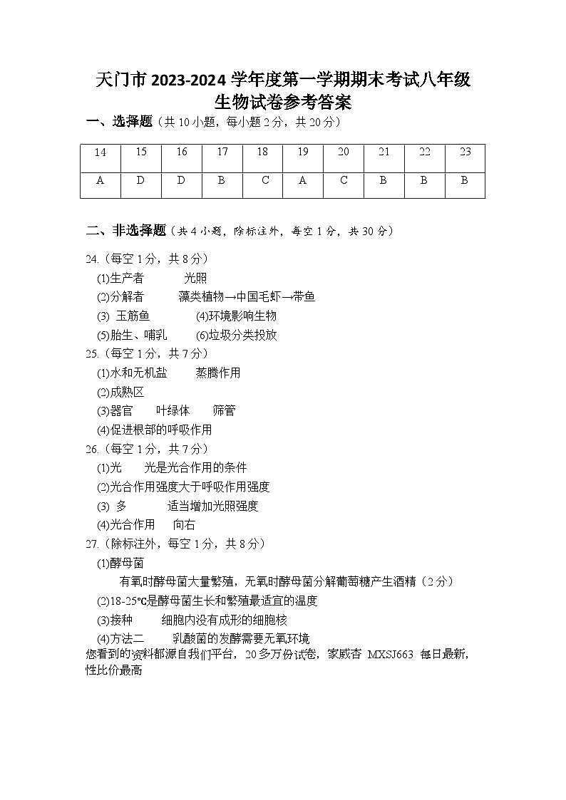 ， 湖北省天门市2023-—2024学年八年级上学期期末考试地理·生物试卷第1页