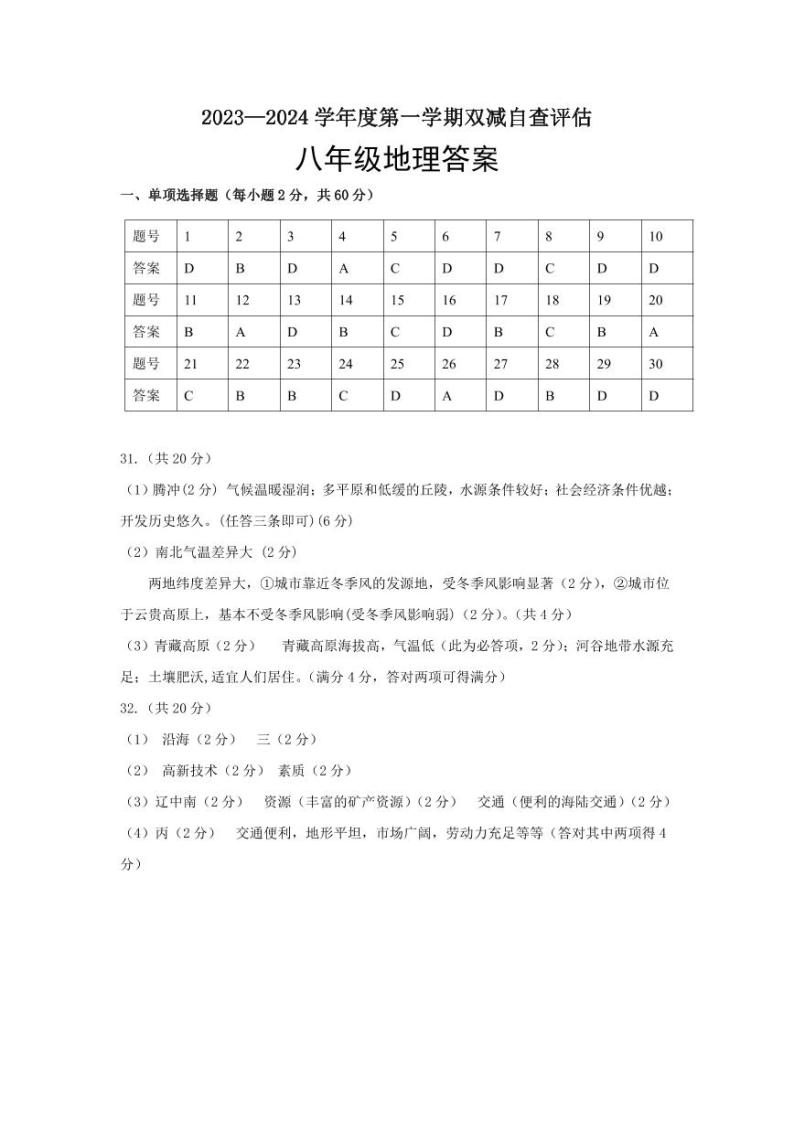 广东省鹤山市2023—2024学年八年级上学期期末地理试卷(1)01