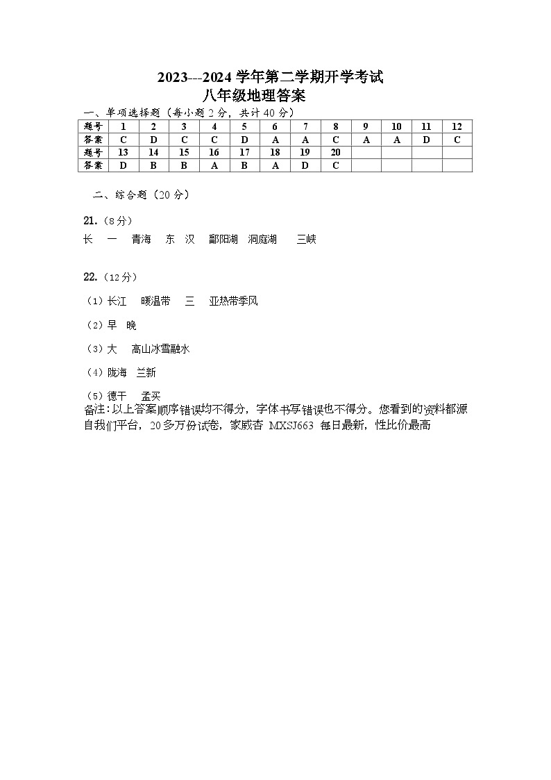 青海省西宁市海湖中学2023-2024学年八年级下学期开学考试地理试卷01