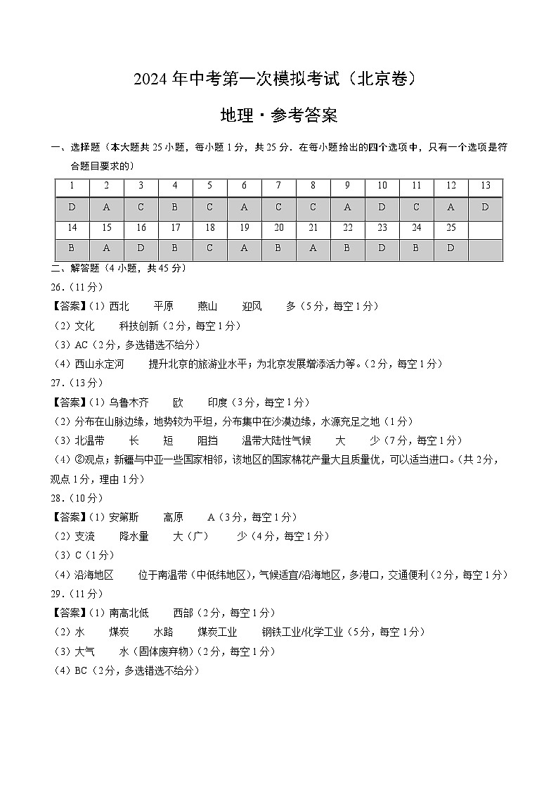 2024年初三中考第一次模拟考试试题：地理（北京）（参考答案及评分标准）第1页