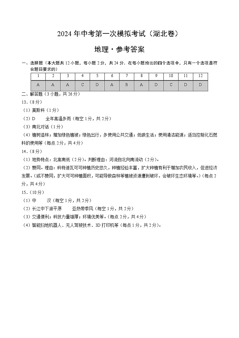 2024年初三中考第一次模拟考试试题：地理（湖北）（参考答案及评分标准）01