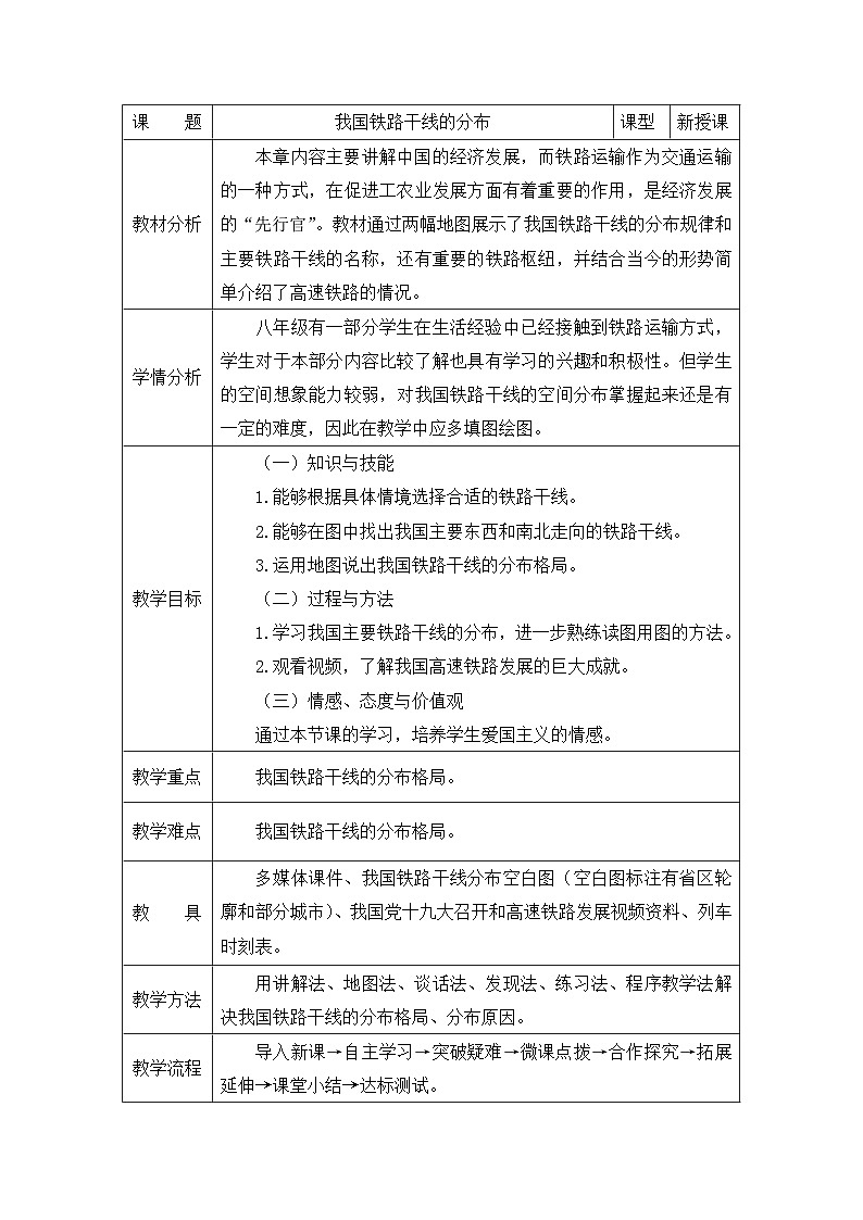 人教版地理八年级上册4.1交通运输（第2课时 我国铁路干线的分布）教案第1页